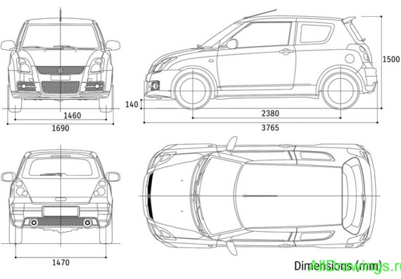 Suzuki Swift Sport (2006) (Сузуки Свифт Спорт (2006)) - чертежи (рисунки) автомобиля